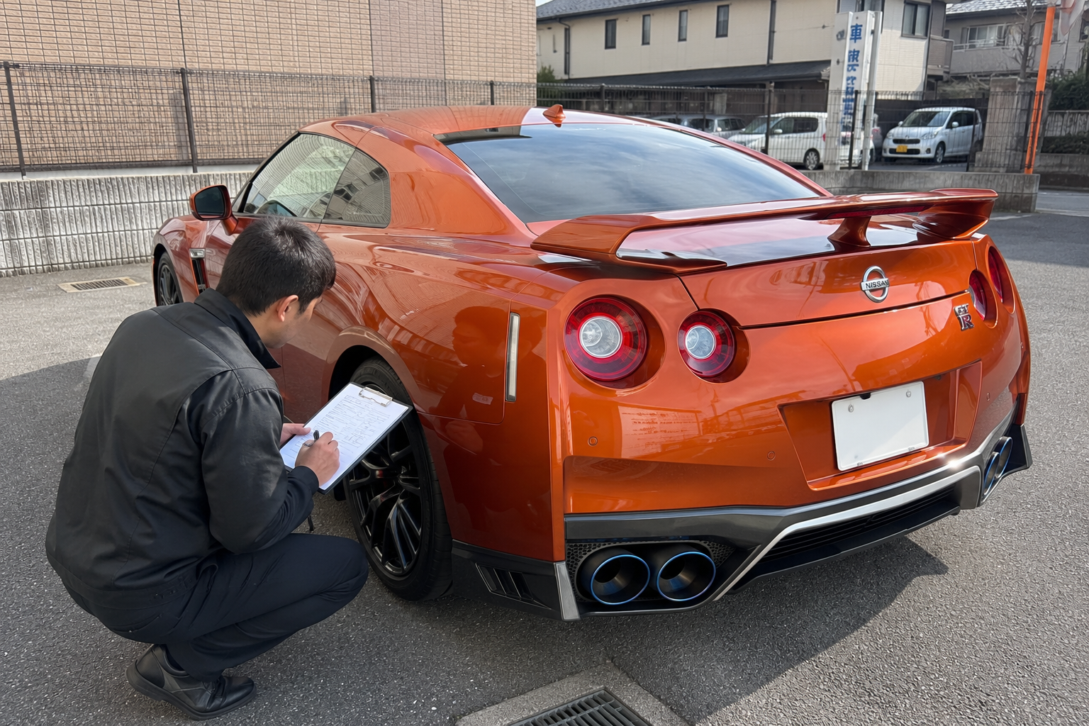 GT-Rのリアまわりを査定する様子