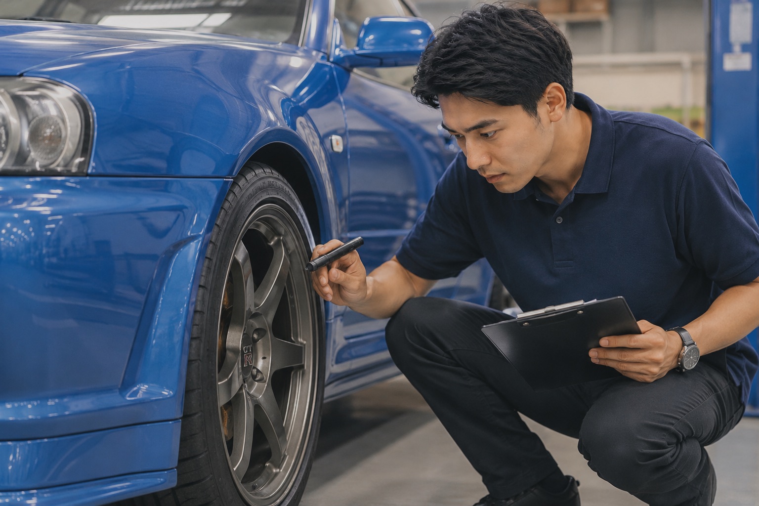 GT-Rを査定するスタッフ