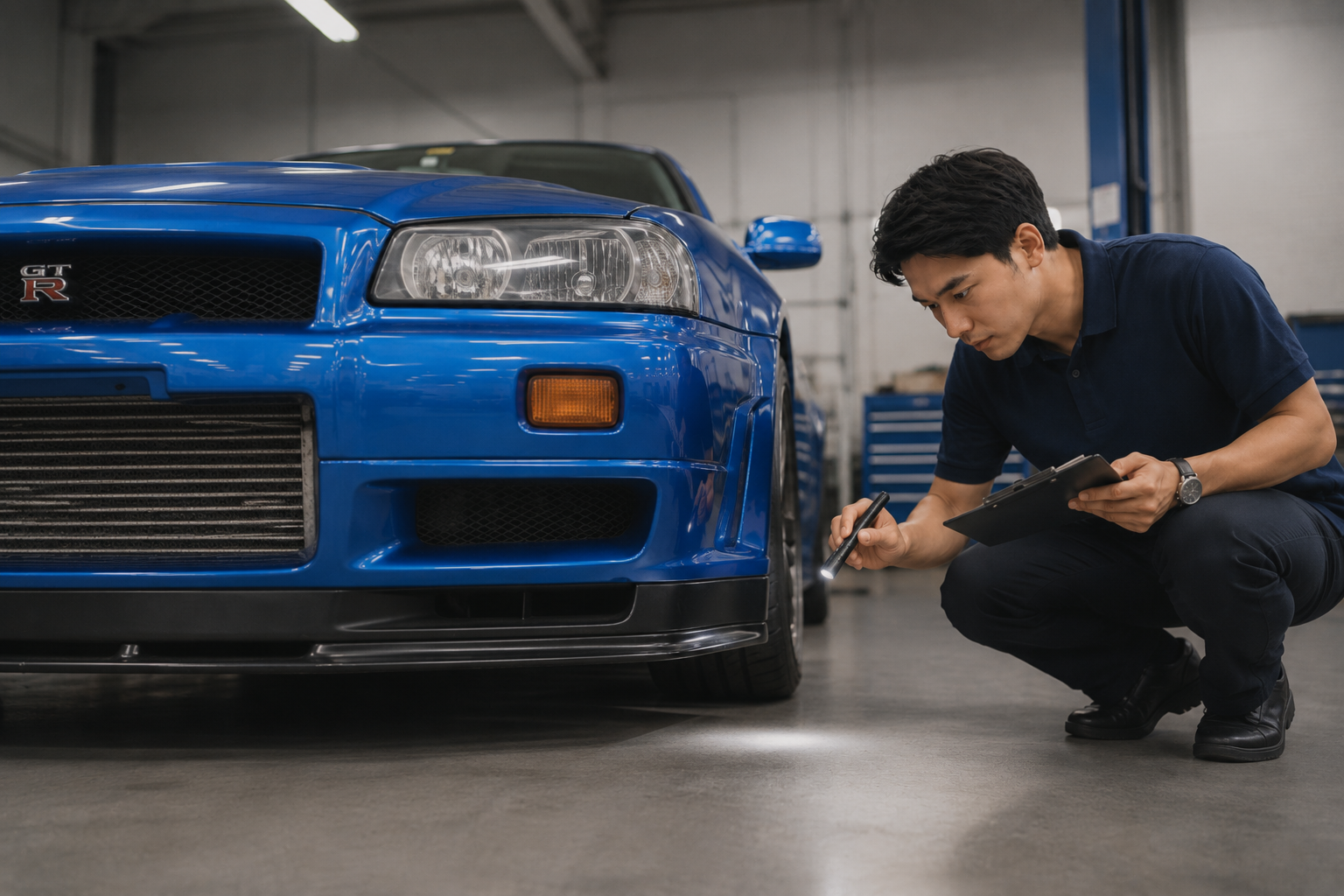 スカイラインGT-R R34を査定するスタッフ