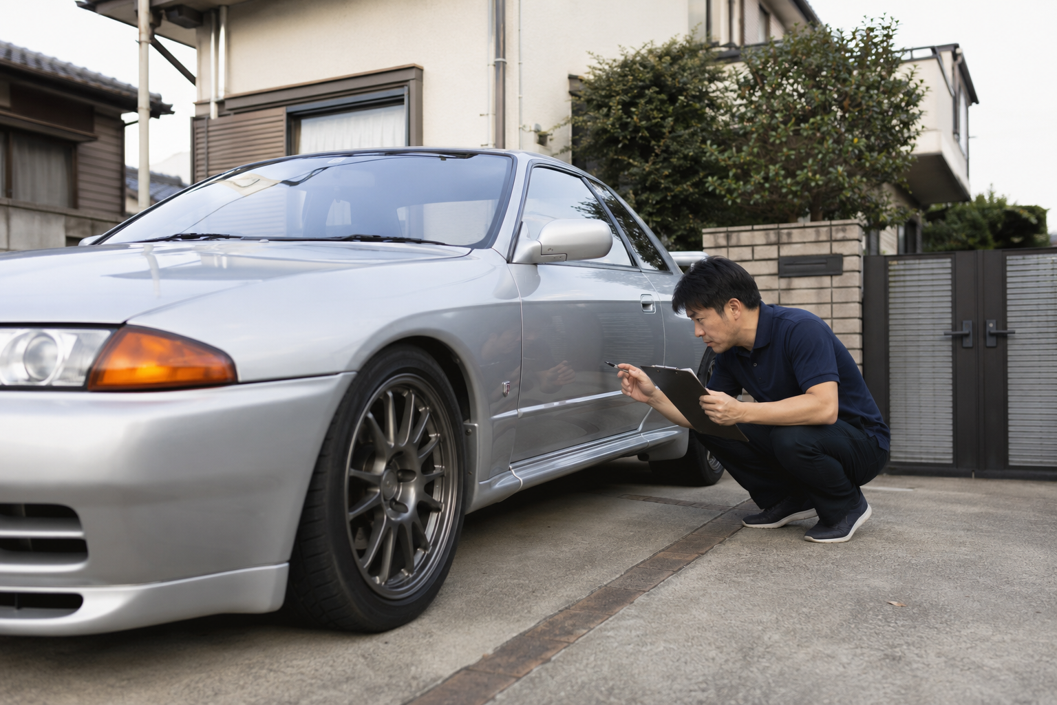 スカイラインGT-R R32を査定するスタッフ